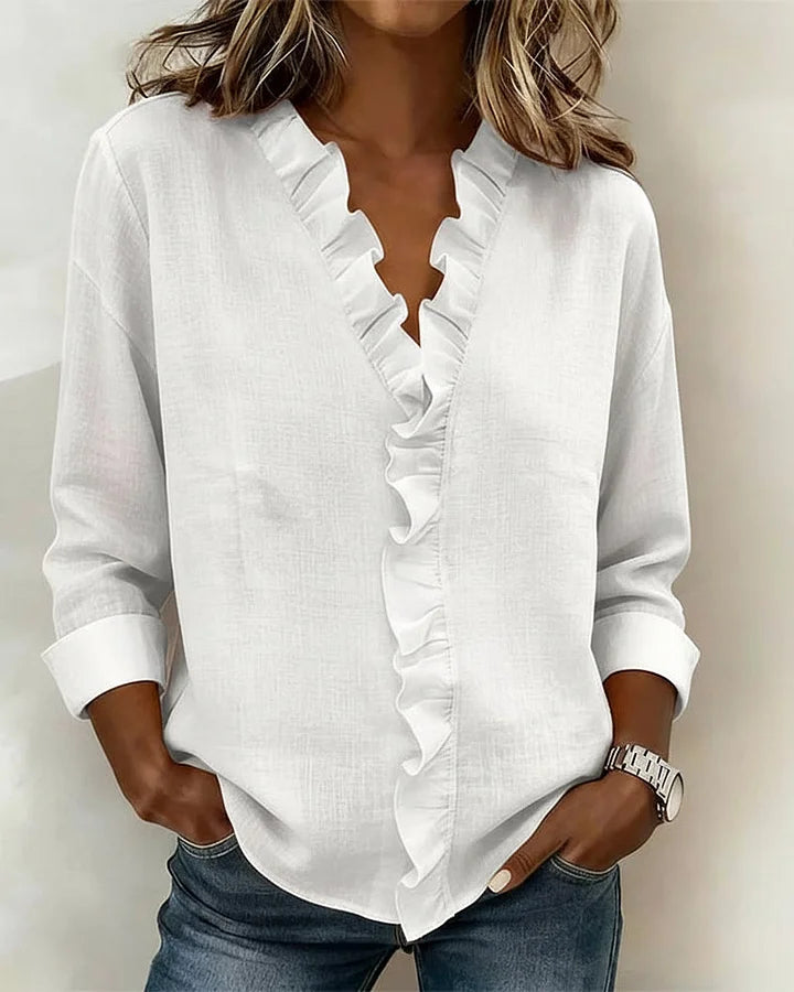 Helena | Blouse with Ruffles, V-Neck and Long Sleeves
