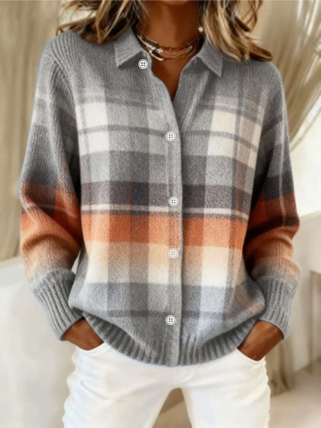 Angelina™ – Checked Hoodie Blouse in Soft Tones