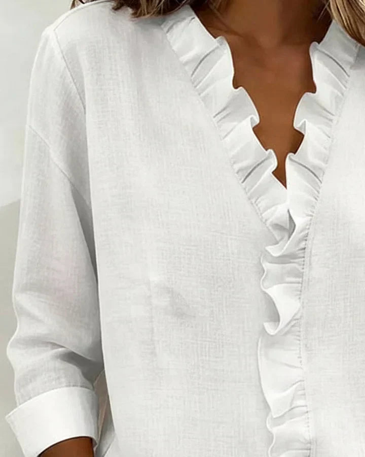 Helena | Blouse with Ruffles, V-Neck and Long Sleeves