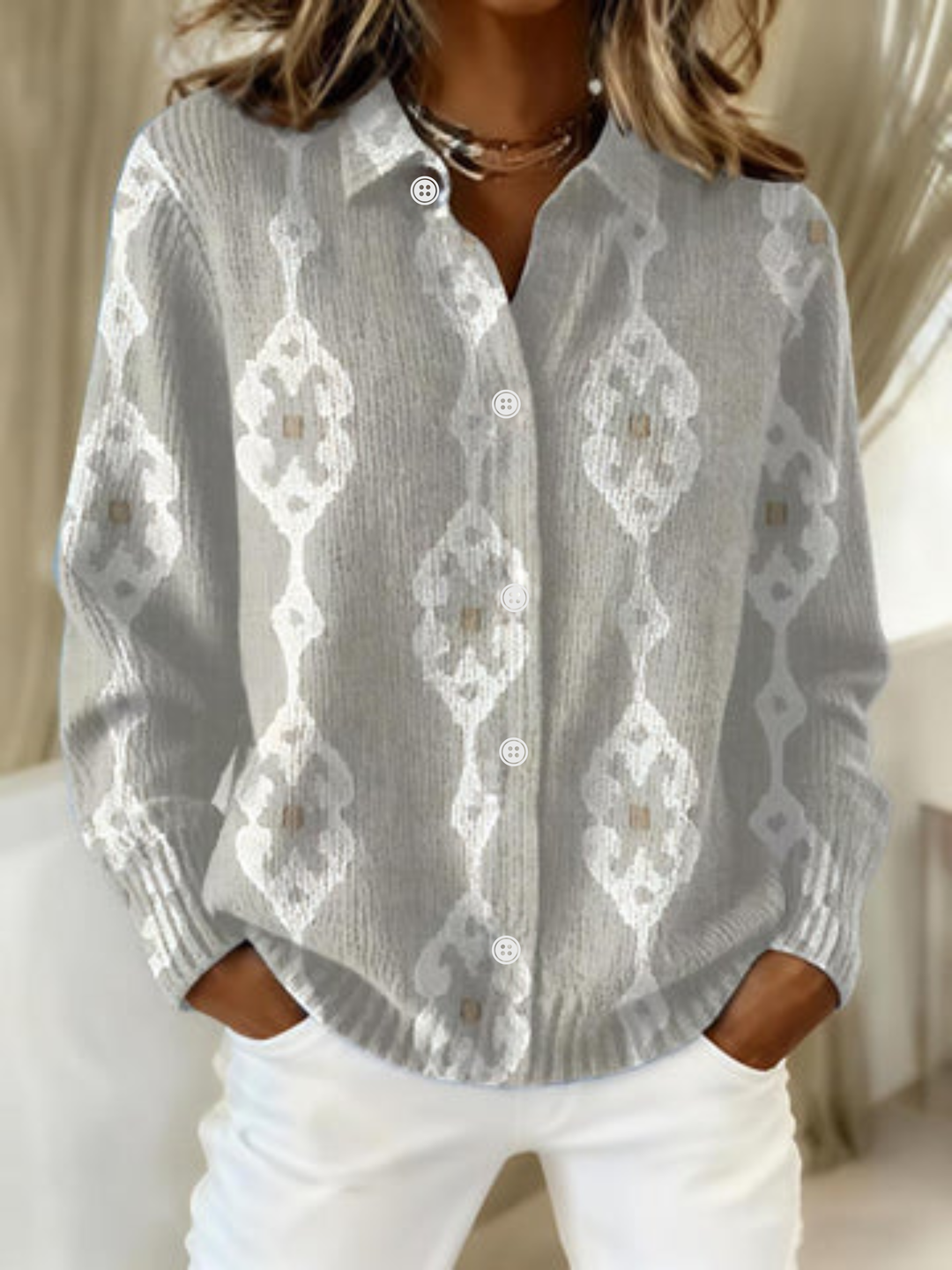 Aubrey™ – Elegant Knit Hoodie Blouse with Diamond Pattern