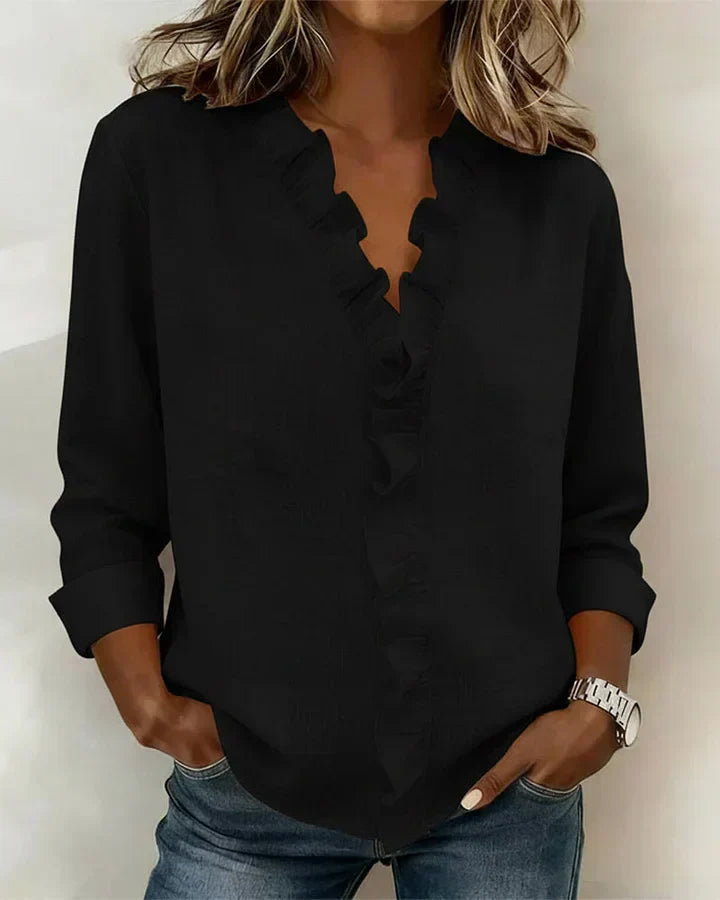 Helena | Blouse with Ruffles, V-Neck and Long Sleeves