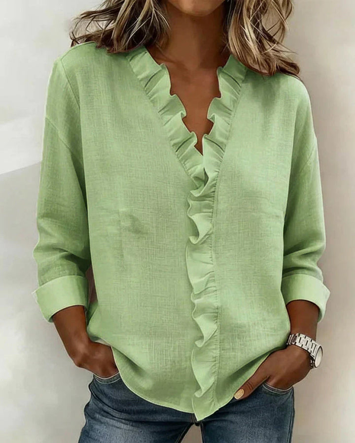 Helena | Blouse with Ruffles, V-Neck and Long Sleeves