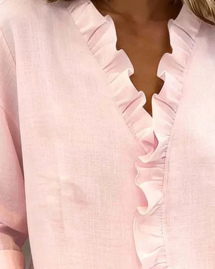 Helena | Blouse with Ruffles, V-Neck and Long Sleeves