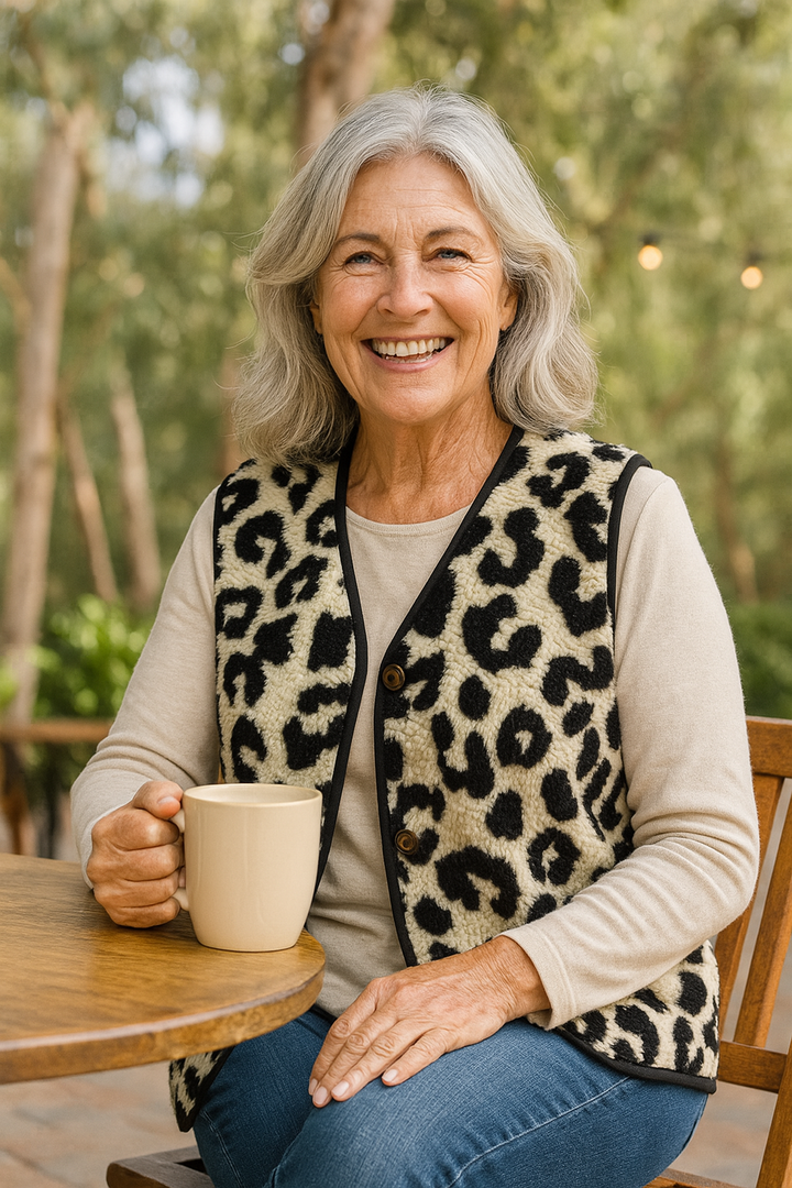 Ceinwen | Leopard Knit Comfort Vest - No fuss. No squeeze. Effortless warmth.