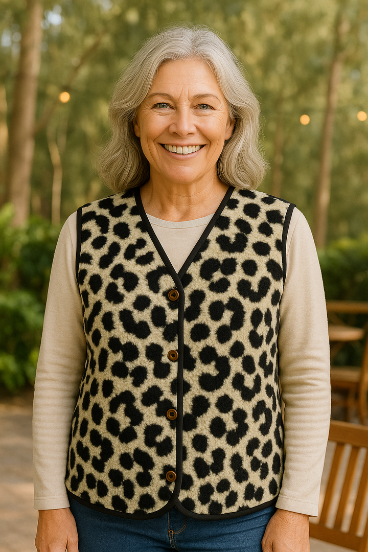 Ceinwen | Leopard Knit Comfort Vest - No fuss. No squeeze. Effortless warmth.