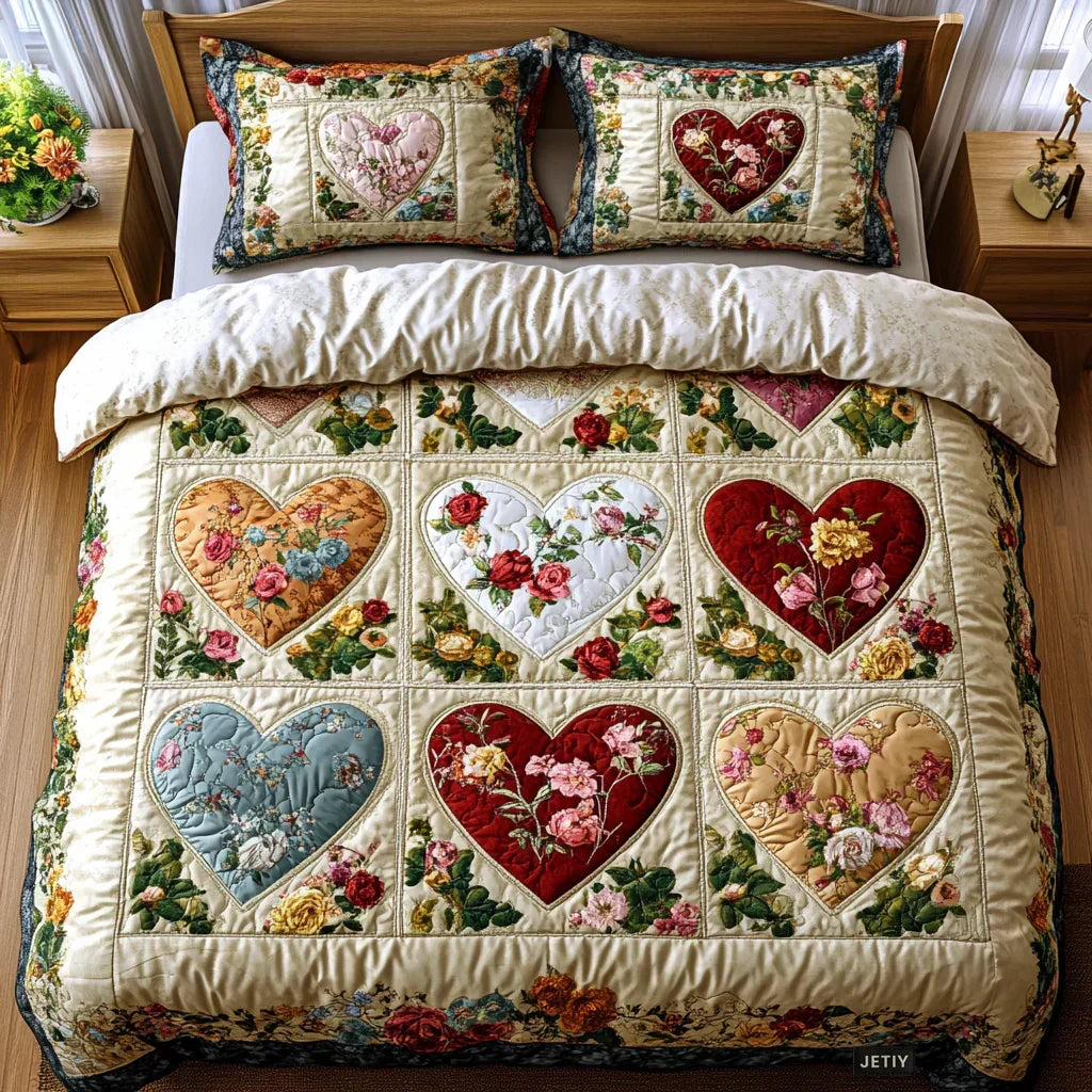 3-teiliges Steppbett-Set – Verliebte Herzen