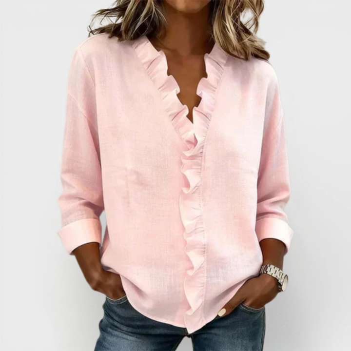 Helena | Blouse with Ruffles, V-Neck and Long Sleeves