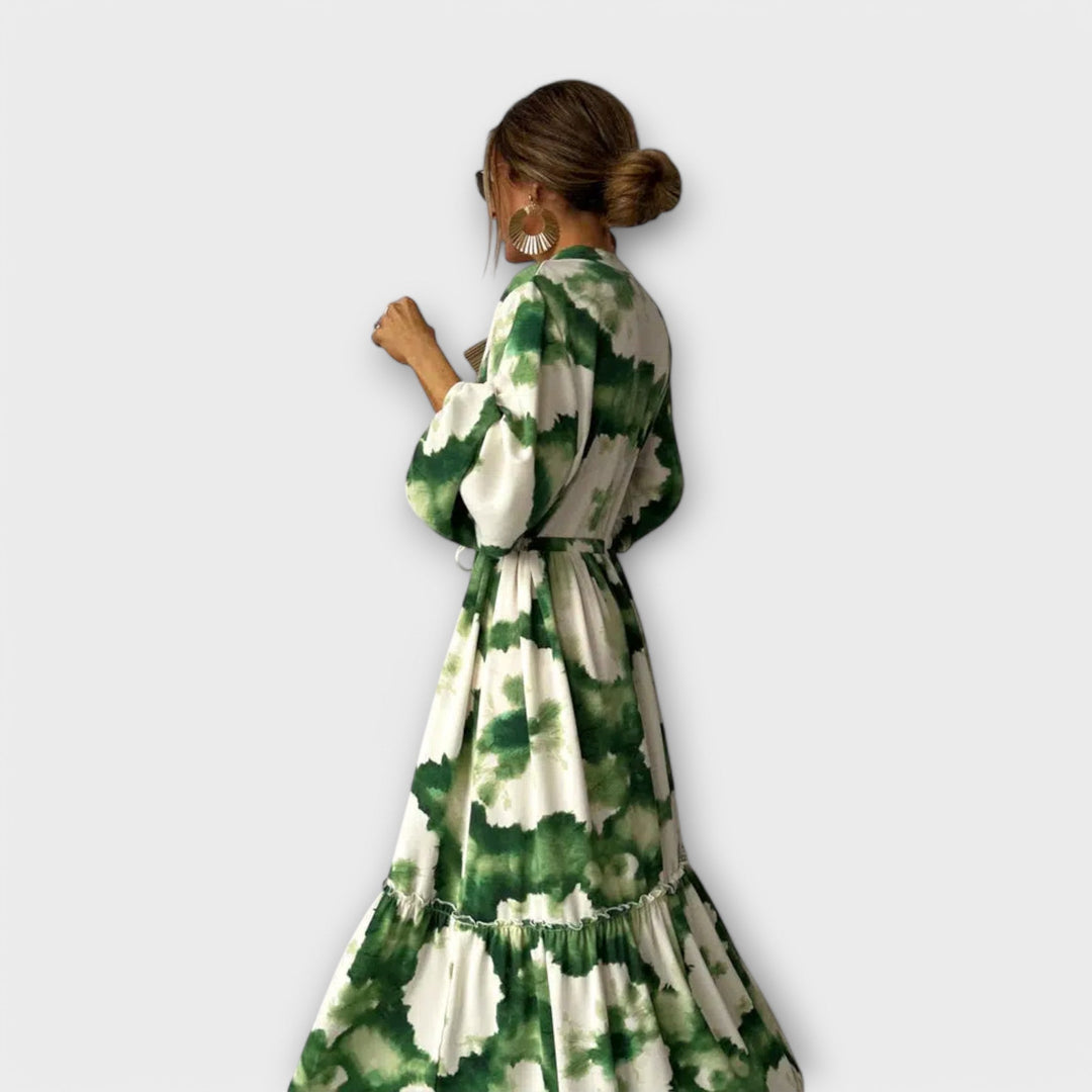 Edwina - Green Maxi Dress with Long Sleeves and V-Neck