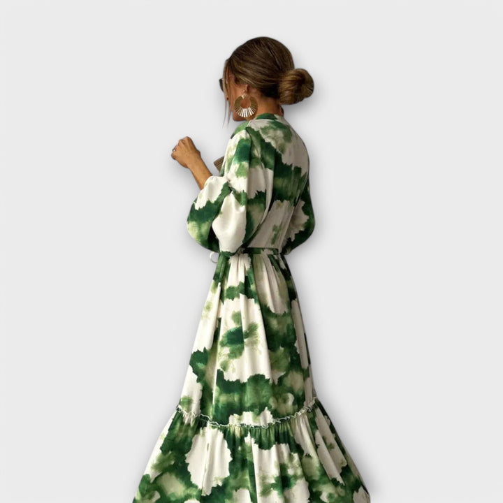 Edwina - Green Maxi Dress with Long Sleeves and V-Neck