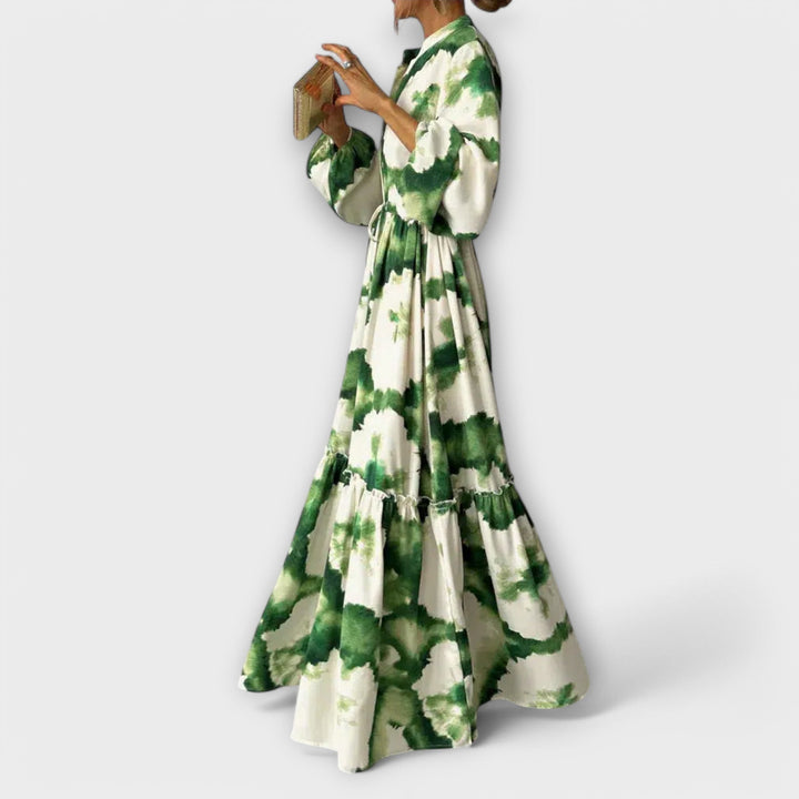 Edwina - Green Maxi Dress with Long Sleeves and V-Neck