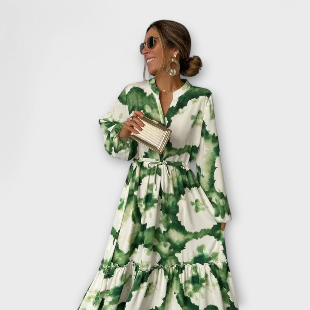 Edwina - Green Maxi Dress with Long Sleeves and V-Neck