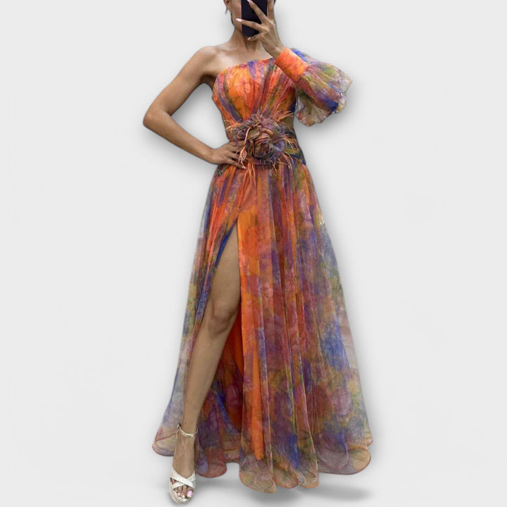 Esther Evening Dress with One Shoulder and Slimming Waist