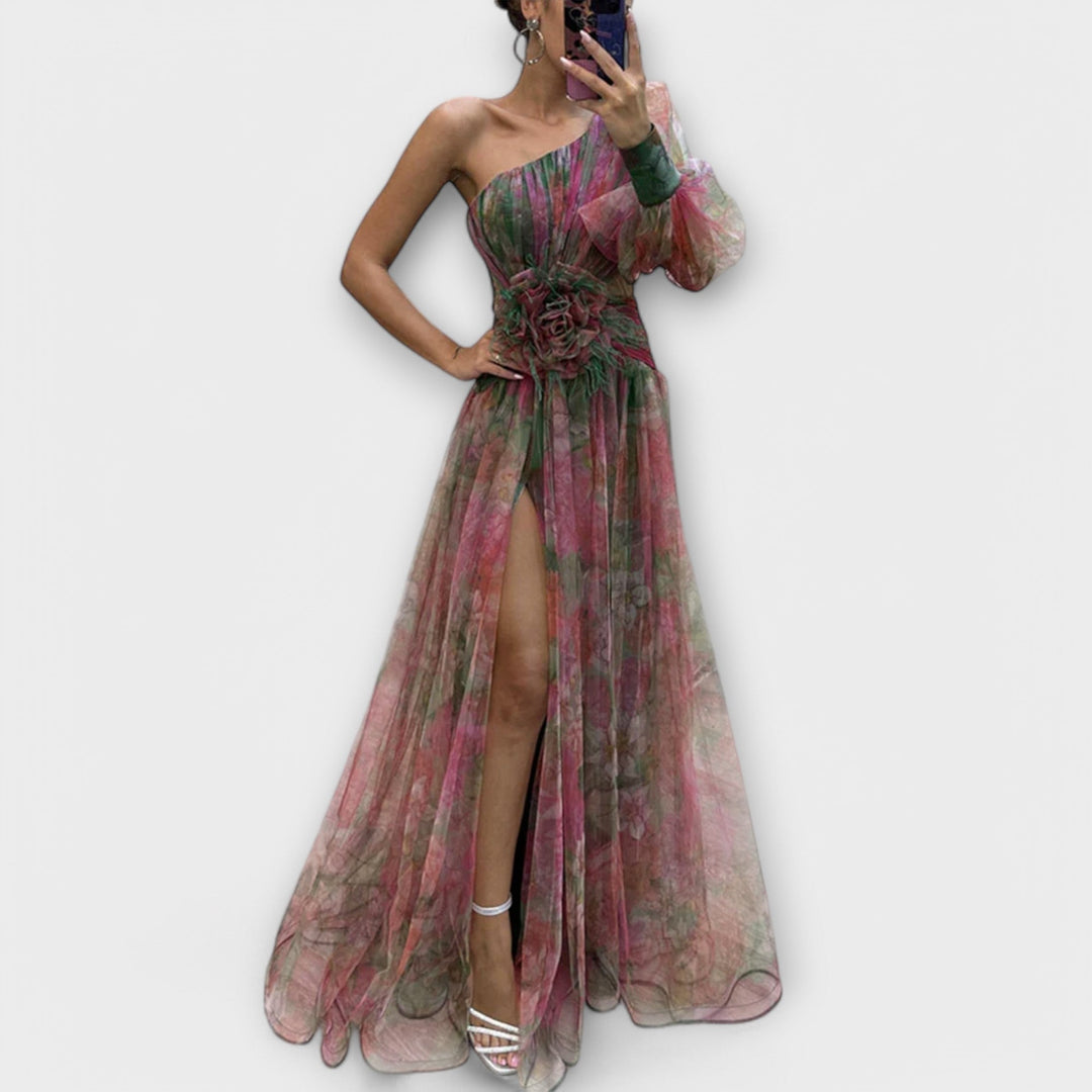 Esther Evening Dress with One Shoulder and Slimming Waist
