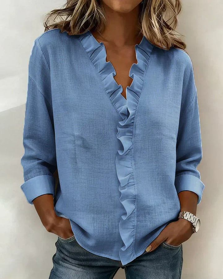 Helena | Blouse with Ruffles, V-Neck and Long Sleeves