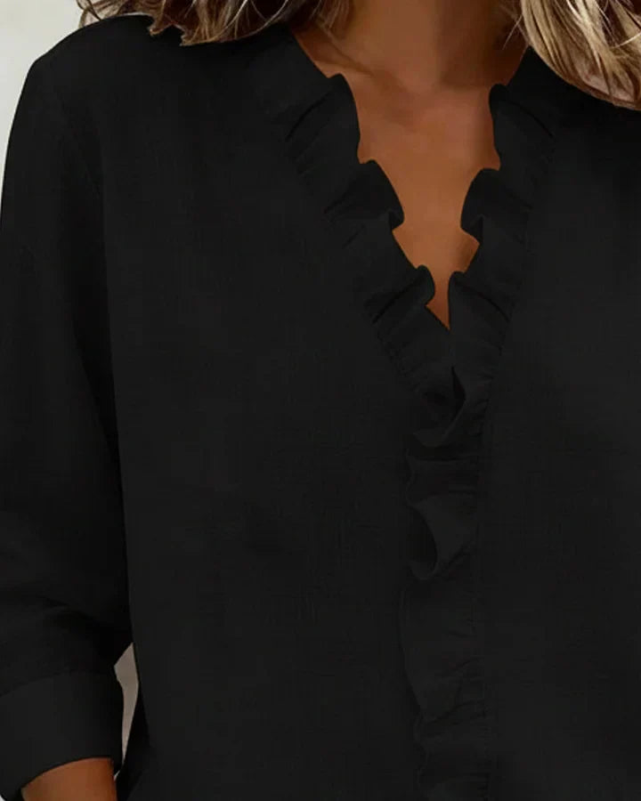 Helena | Blouse with Ruffles, V-Neck and Long Sleeves